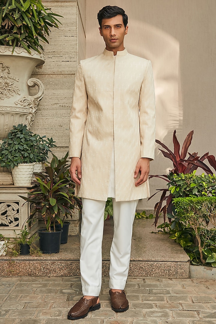 Beige Georgette Chikankari Embroidered Achkan Jacket Set by Bohame Men