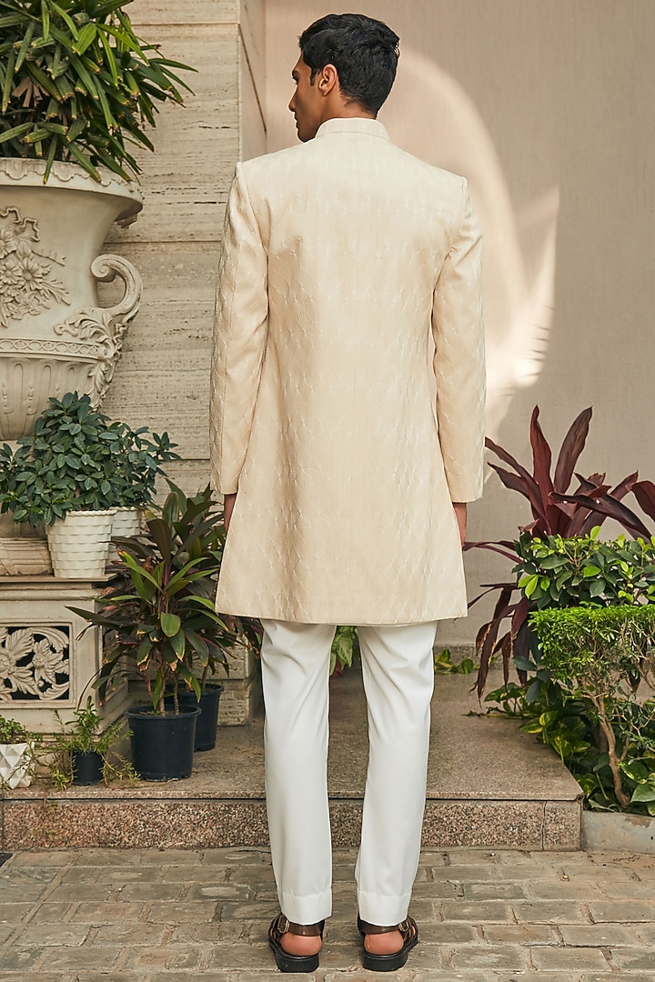 Beige Georgette Chikankari Embroidered Achkan Jacket Set by Bohame Men at Pernia's Pop Up Shop