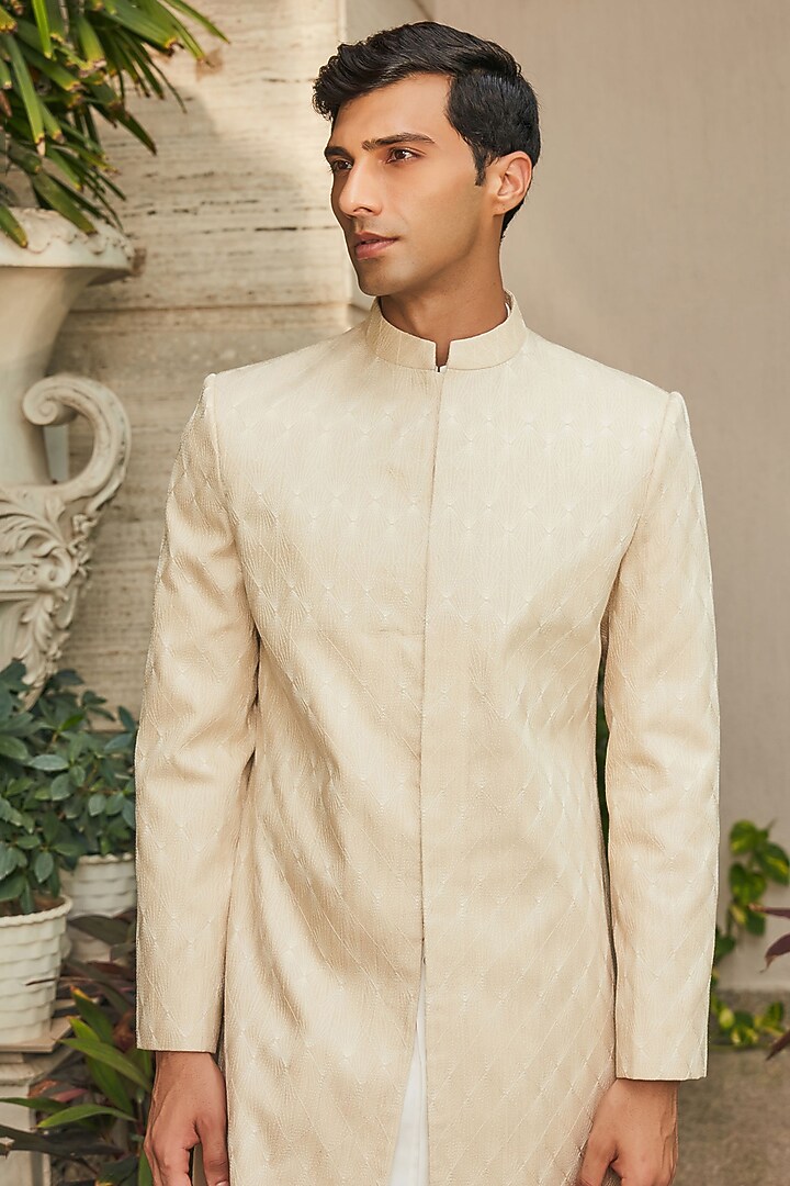 Beige Georgette Chikankari Embroidered Achkan Jacket Set by Bohame Men at Pernia's Pop Up Shop