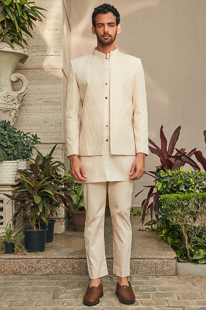 Beige Georgette Chikankari Embroidered Indo-Western Set by Bohame Men at Pernia's Pop Up Shop