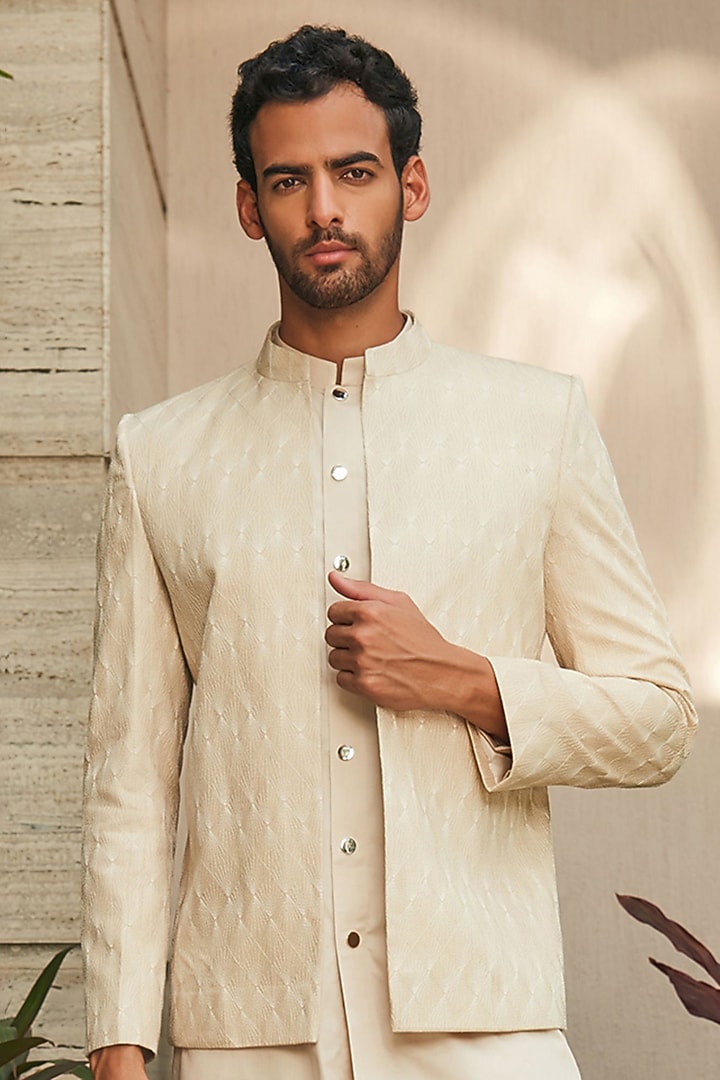 Beige Georgette Chikankari Embroidered Indo-Western Set by Bohame Men at Pernia's Pop Up Shop