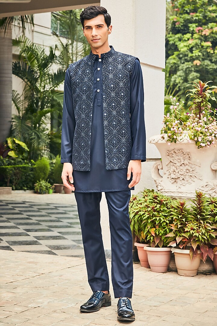 Navy Blue Georgette Chikankari Embroidered Indo-Western Set by Bohame Men