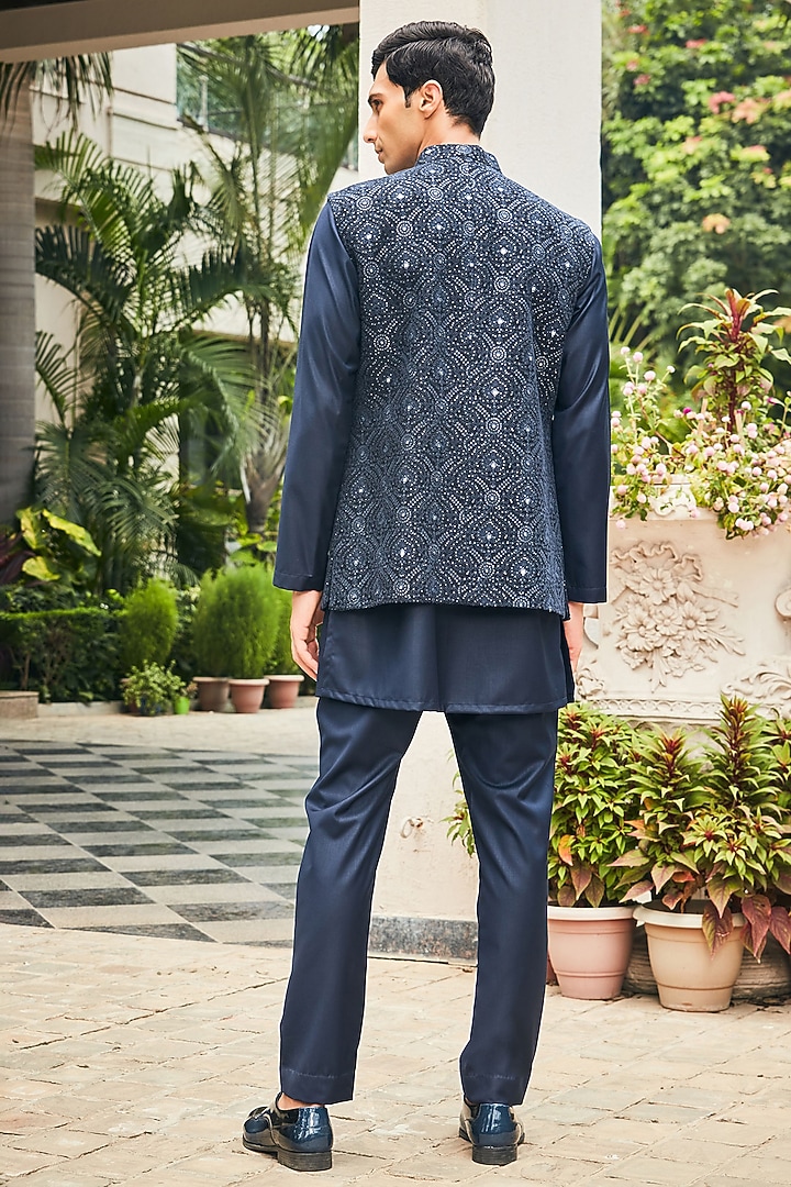 Midnight Blue Georgette Chikankari Embroidered Indo-Western Set by Bohame Men at Pernia's Pop Up Shop