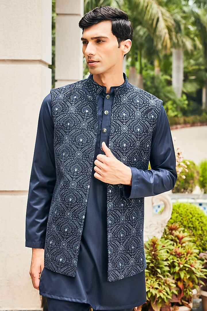 Midnight Blue Georgette Chikankari Embroidered Indo-Western Set by Bohame Men at Pernia's Pop Up Shop