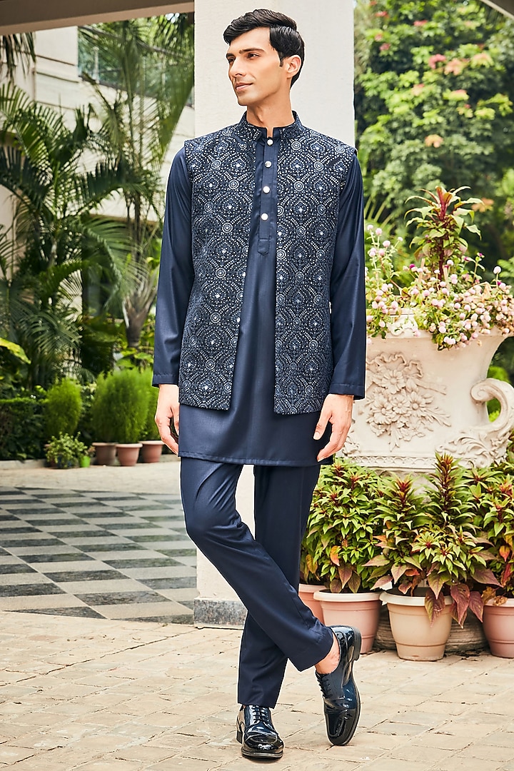 Midnight Blue Georgette Chikankari Embroidered Indo-Western Set by Bohame Men at Pernia's Pop Up Shop