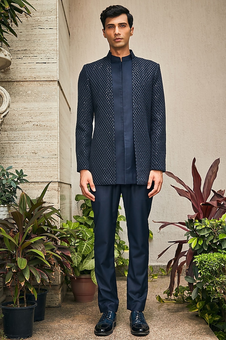 Navy Blue Georgette Chikankari Embroidered Indo-Western Set by Bohame Men