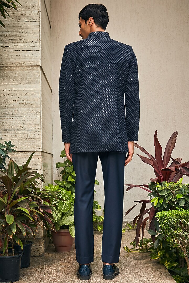 Navy Blue Georgette Chikankari Embroidered Indo-Western Set by Bohame Men at Pernia's Pop Up Shop