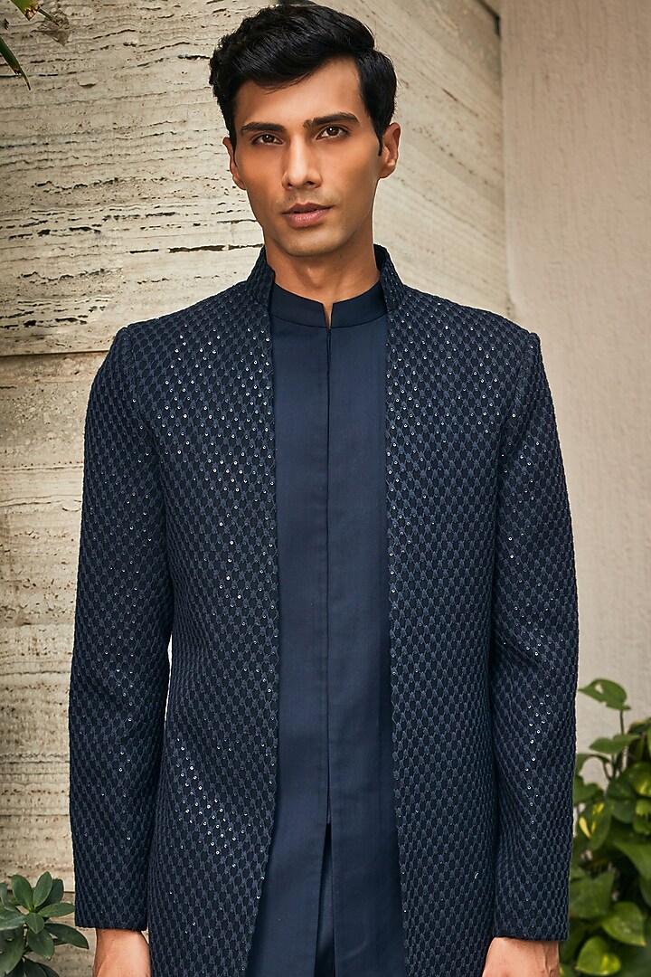 Navy Blue Georgette Chikankari Embroidered Indo-Western Set by Bohame Men at Pernia's Pop Up Shop
