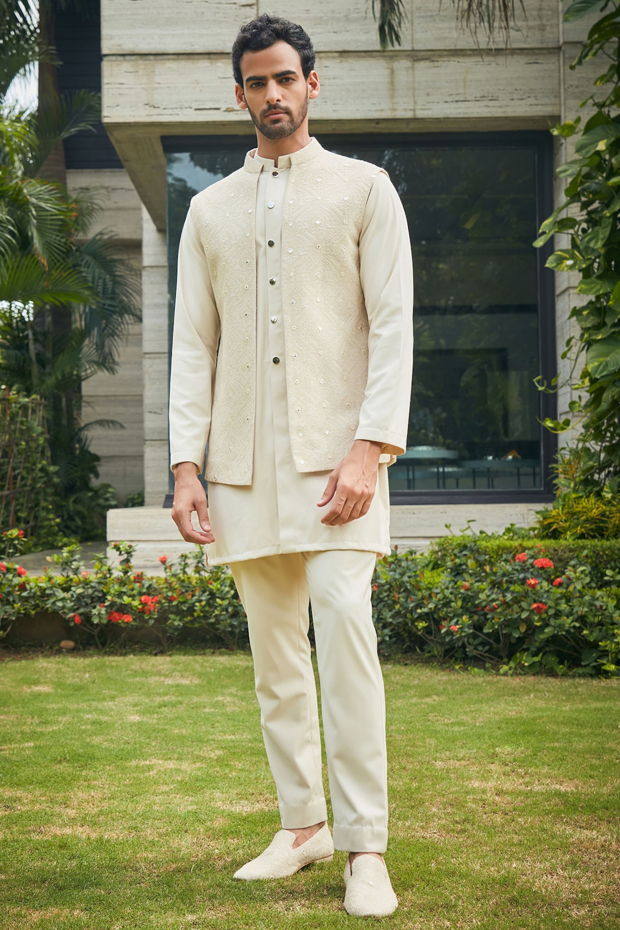 Beige Georgette Chikankari Embroidered Indo-Western Set by Bohame