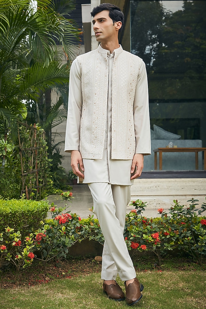 Ivory Georgette Chikankari Embroidered Indo-Western Set by Bohame Men at Pernia's Pop Up Shop