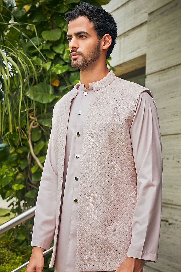 Dusty Rose Georgette Chikankari Embroidered Indo-Western Set by Bohame Men at Pernia's Pop Up Shop