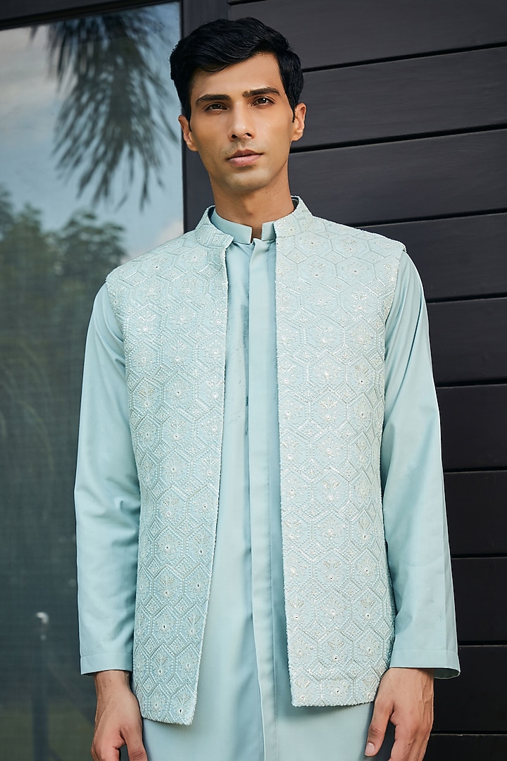 Mint Green Georgette Chikankari Embroidered Indo-Western Set by Bohame Men at Pernia's Pop Up Shop