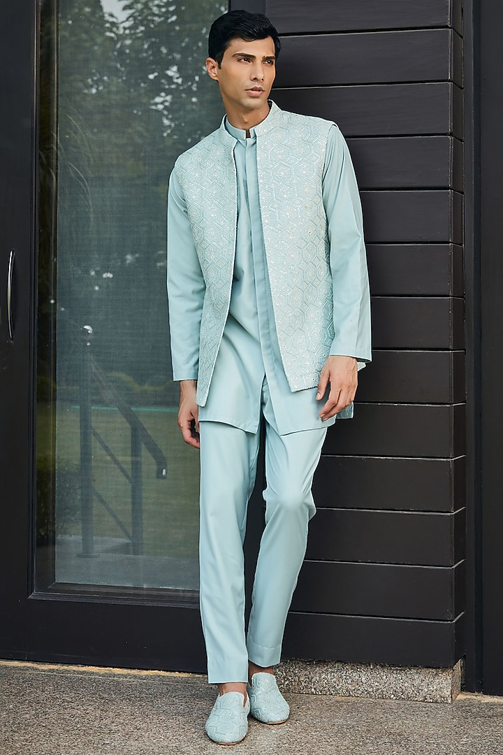 Mint Green Georgette Chikankari Embroidered Indo-Western Set by Bohame Men at Pernia's Pop Up Shop