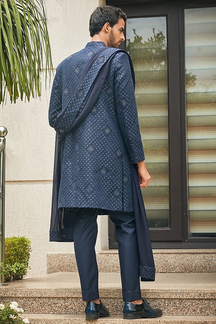Midnight Blue Georgette Chikankari Embroidered Groom Sherwani Set by Bohame Men at Pernia's Pop Up Shop