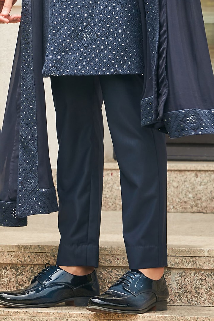 Midnight Blue Georgette Chikankari Embroidered Groom Sherwani Set by Bohame Men at Pernia's Pop Up Shop