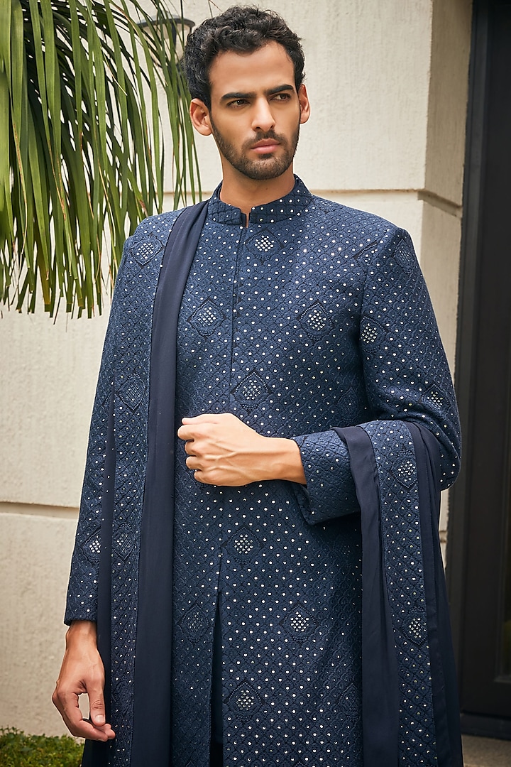 Midnight Blue Georgette Chikankari Embroidered Groom Sherwani Set by Bohame Men at Pernia's Pop Up Shop