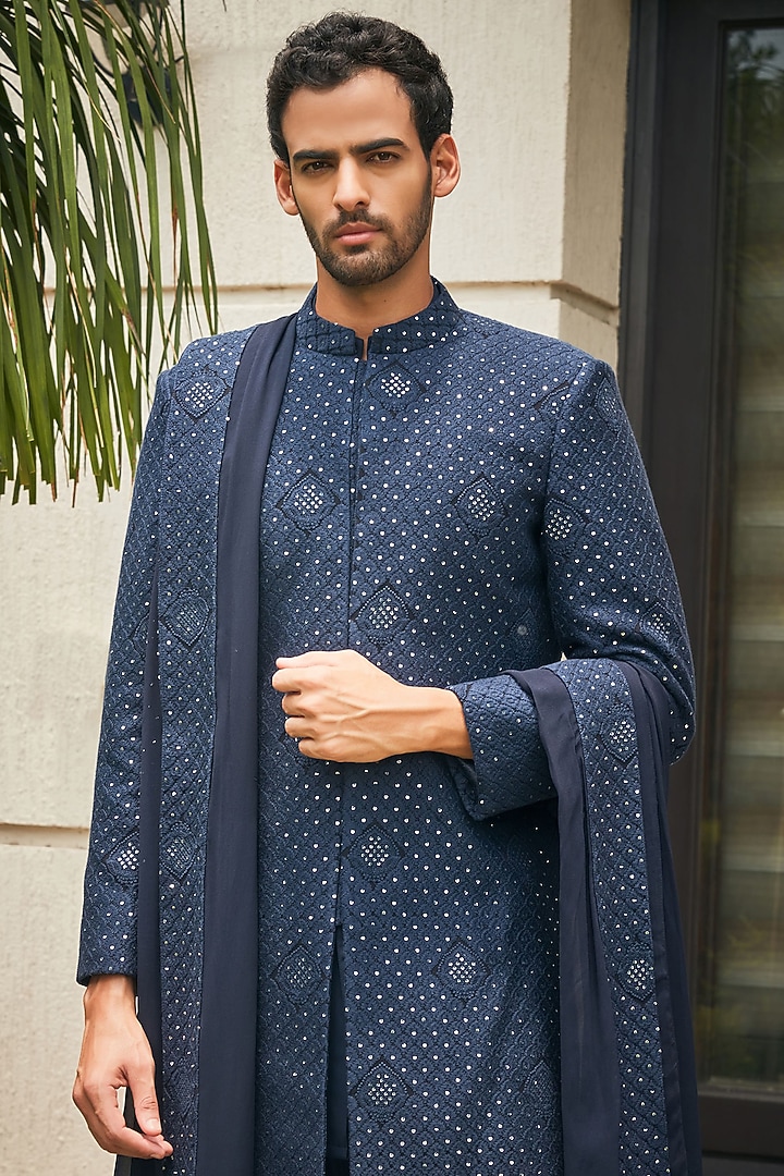 Midnight Blue Georgette Chikankari Embroidered Groom Sherwani Set by Bohame Men at Pernia's Pop Up Shop