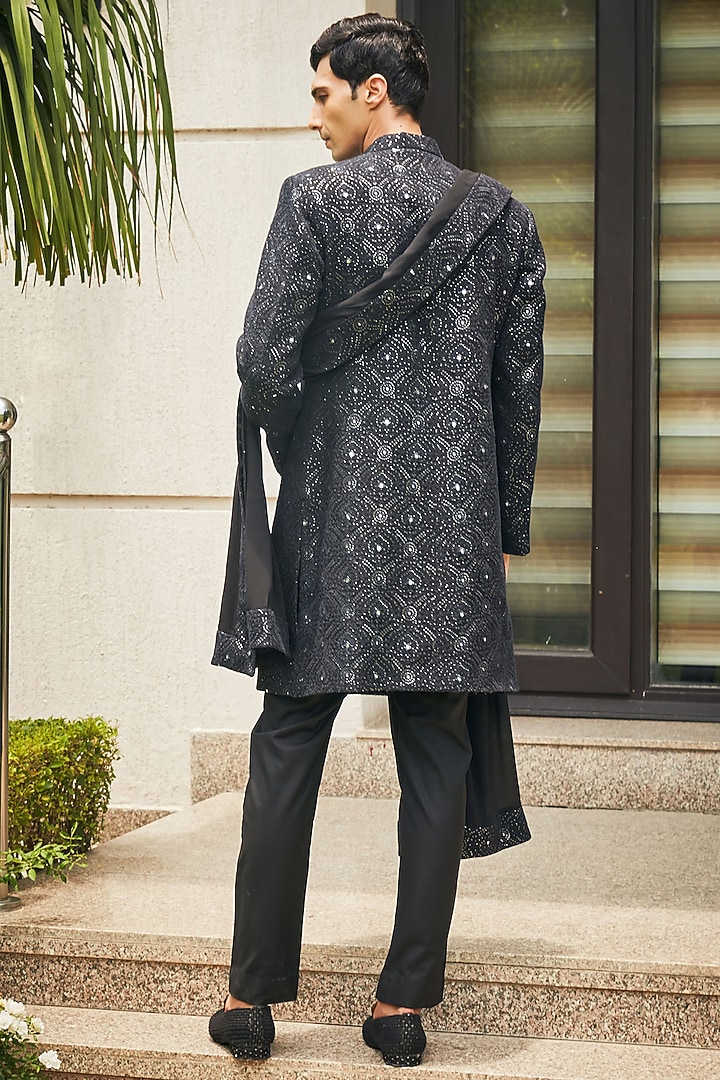Black Georgette Chikankari Embroidered Groom Sherwani Set by Bohame Men at Pernia's Pop Up Shop