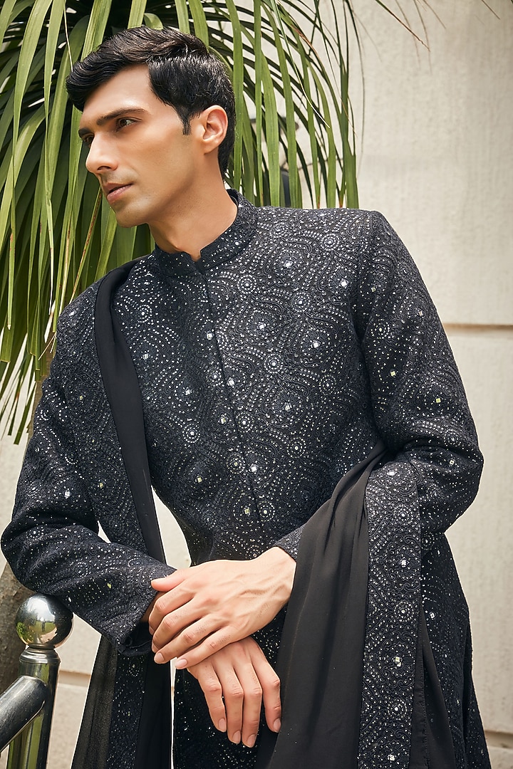 Black Georgette Chikankari Embroidered Groom Sherwani Set by Bohame Men at Pernia's Pop Up Shop
