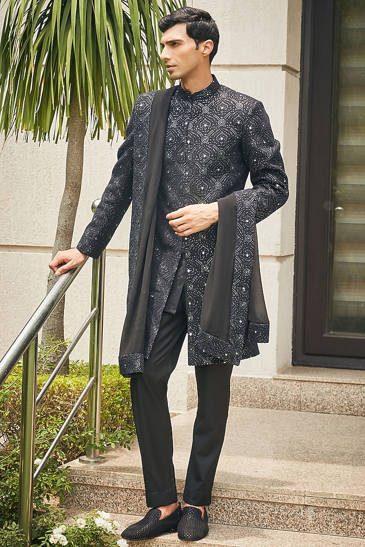 Black Georgette Chikankari Embroidered Groom Sherwani Set by Bohame Men at Pernia's Pop Up Shop