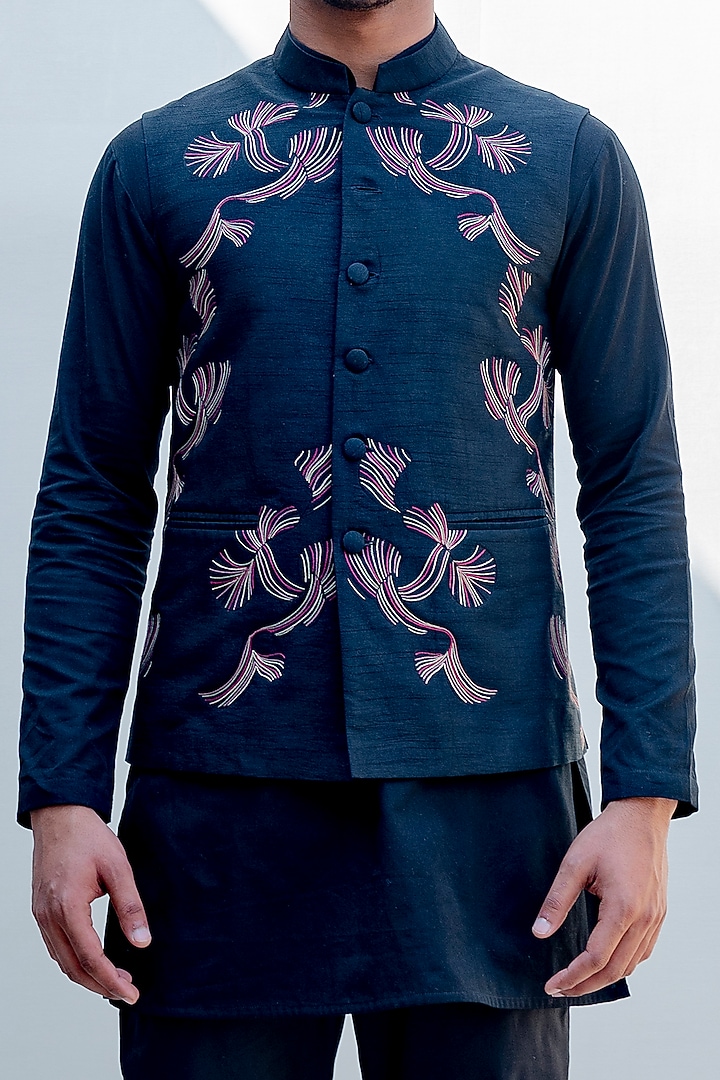 Navy Blue Embroidered Nehru Jacket Set by Bohame Men at Pernia's Pop Up Shop