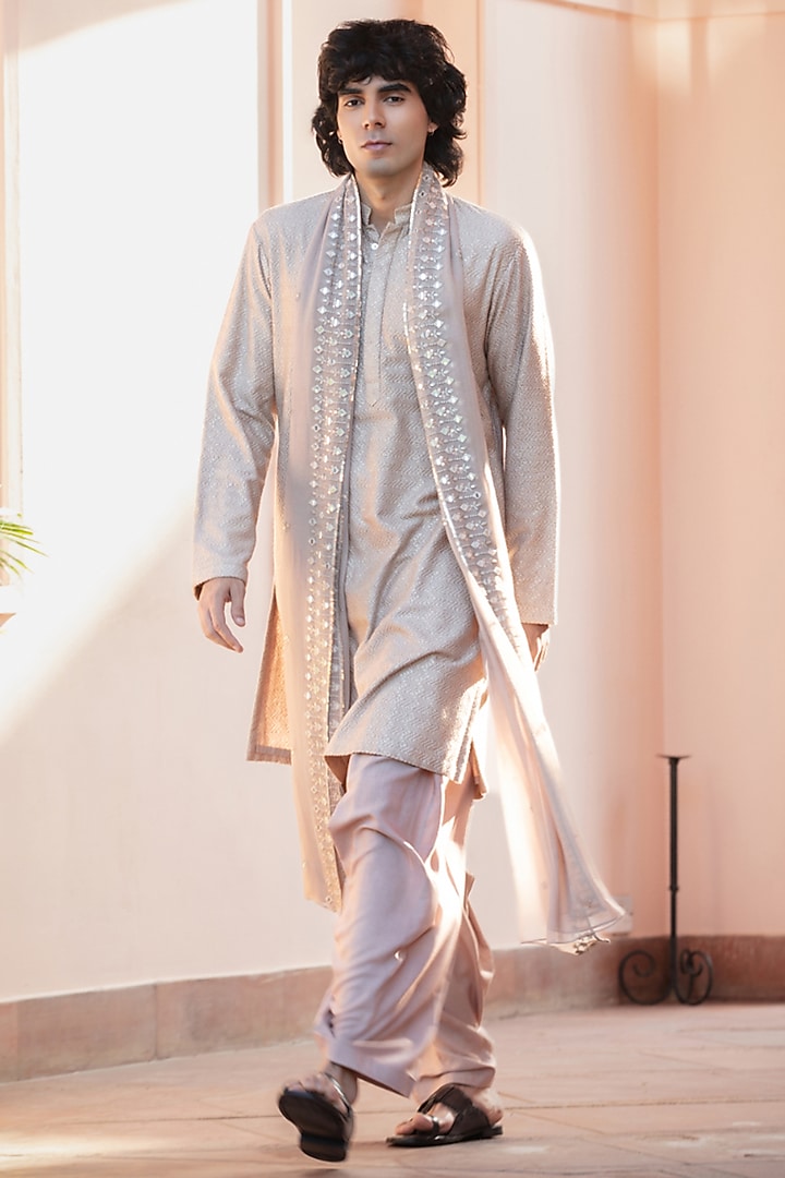 Mousse-Colored Chikankari Kurta Set by Bohame Men at Pernia's Pop Up Shop