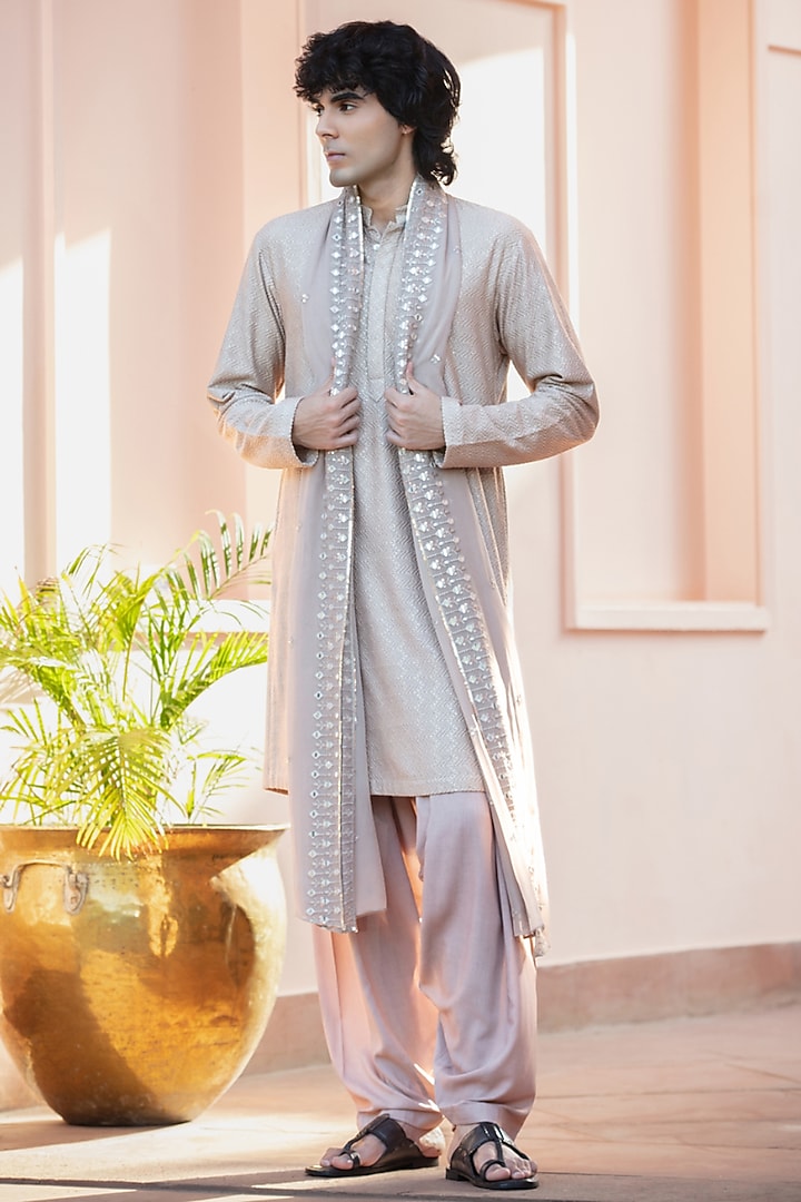 Mousse-Colored Chikankari Kurta Set by Bohame Men at Pernia's Pop Up Shop