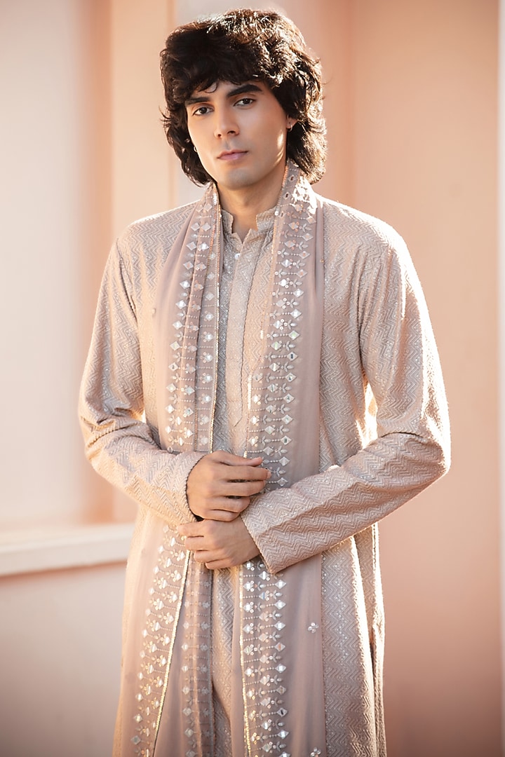 Mousse-Colored Chikankari Kurta Set by Bohame Men at Pernia's Pop Up Shop