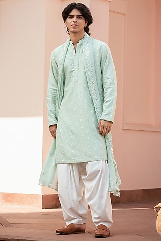Sage Green Chikankari Kurta Set by Bohame Men