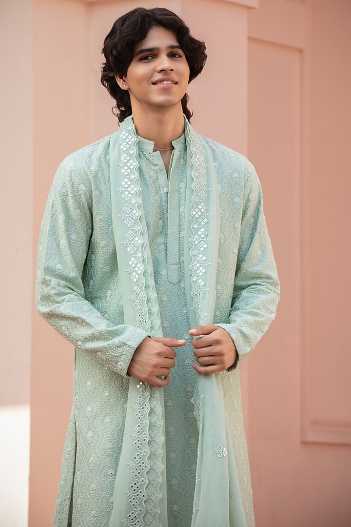 Sage Green Chikankari Kurta Set by Bohame Men at Pernia's Pop Up Shop
