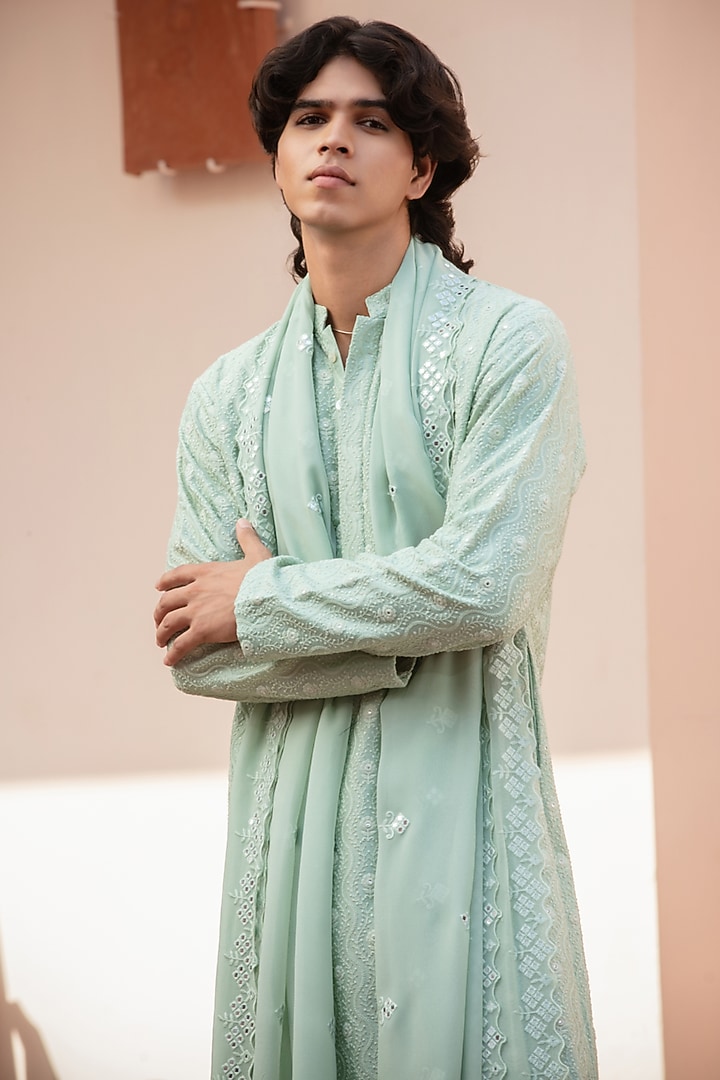 Sage Green Chikankari Kurta Set by Bohame Men at Pernia's Pop Up Shop