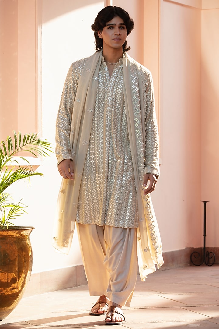 Beige Gold Chikankari Kurta Set by Bohame Men at Pernia's Pop Up Shop