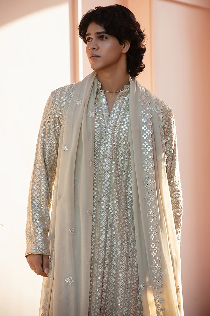 Beige Gold Chikankari Kurta Set by Bohame Men at Pernia's Pop Up Shop