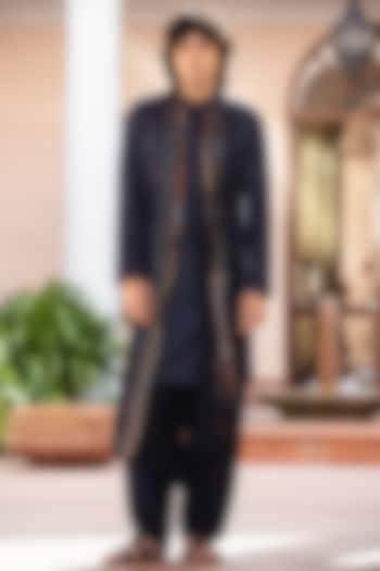 Navy Blue Chikankari Kurta Set by Bohame Men at Pernia's Pop Up Shop