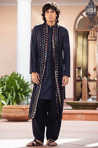 Navy Blue Chikankari Kurta Set by Bohame Men
