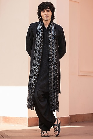 Black Chikankari Kurta Set by Bohame Men