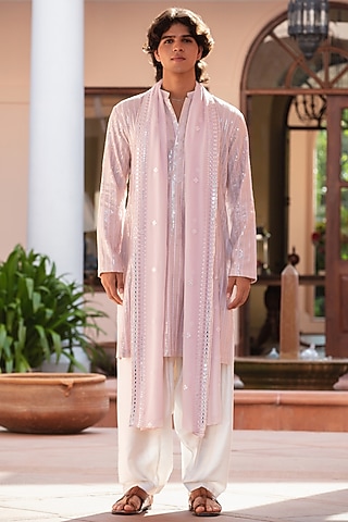 Light Pink Chikankari Kurta Set by Bohame Men