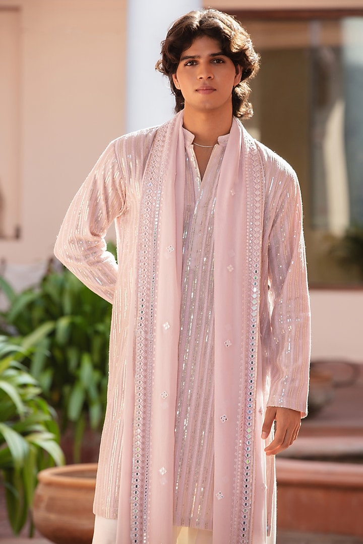 Light Pink Chikankari Kurta Set by Bohame Men at Pernia's Pop Up Shop