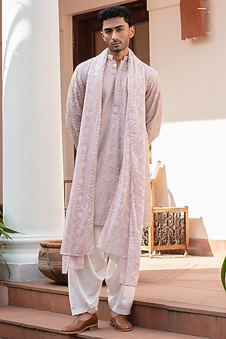 Dusty Rose-Colored Chikankari Kurta Set by Bohame Men