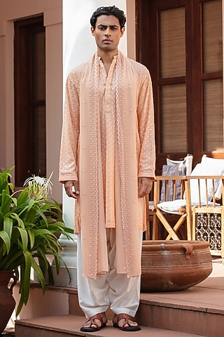 Peach Chikankari Kurta Set by Bohame Men