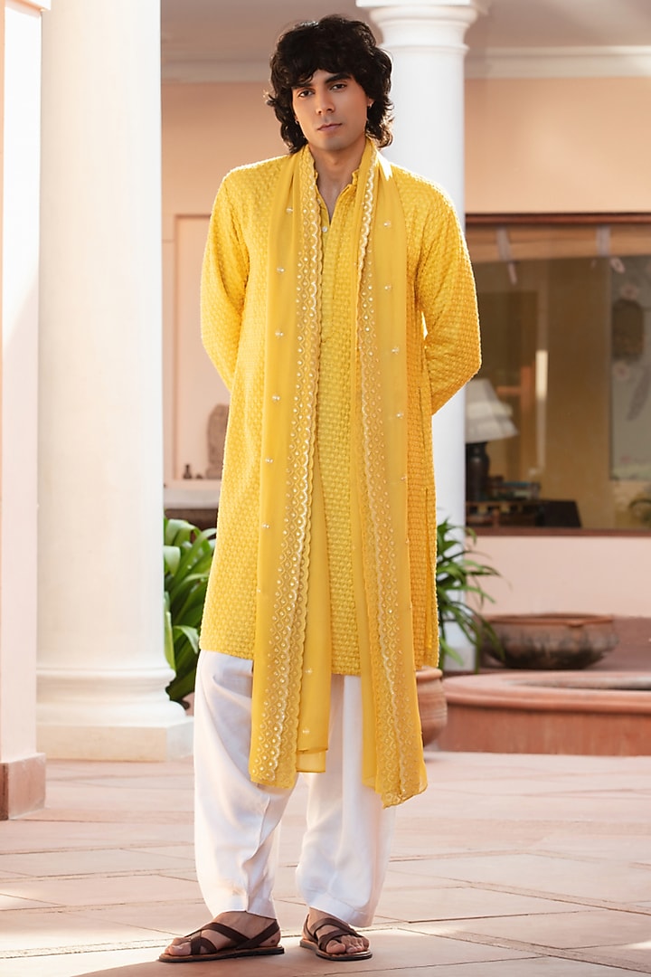 Mustard Chikankari Kurta Set by Bohame Men at Pernia's Pop Up Shop