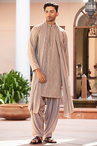 Almond-Colored Chikankari Kurta Set by Bohame Men