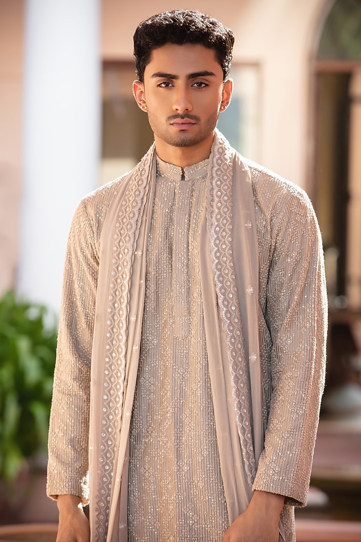 Almond-Colored Chikankari Kurta Set by Bohame Men at Pernia's Pop Up Shop