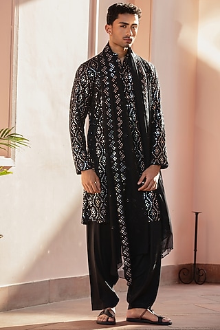 Black Chikankari Kurta Set by Bohame Men