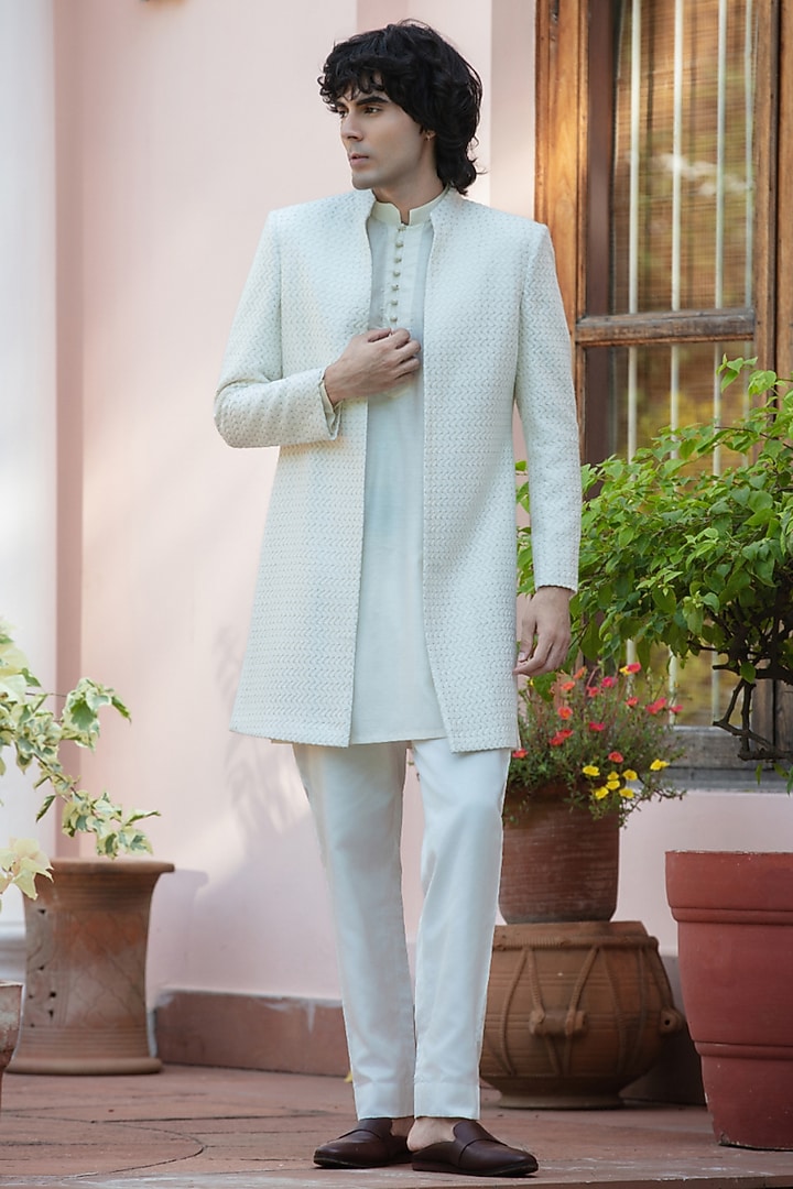 Off-White Chikankari Wedding Indowestern Jacket Set by Bohame Men at Pernia's Pop Up Shop