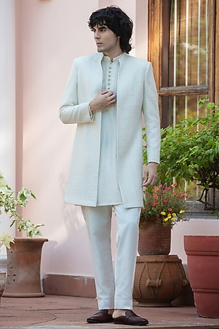 Off-White Chikankari Indowestern Jacket Set by Bohame Men