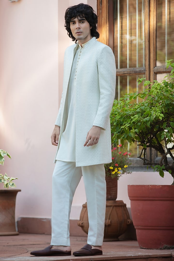 Off-White Chikankari Wedding Indowestern Jacket Set by Bohame Men at Pernia's Pop Up Shop