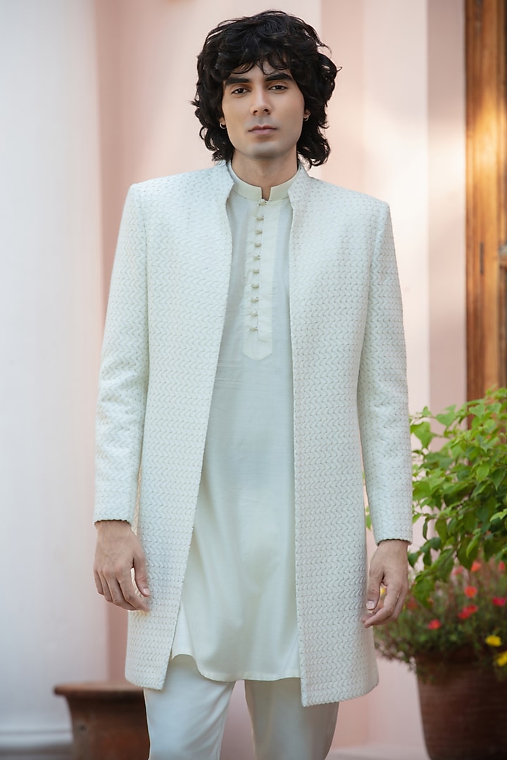 Off-White Chikankari Wedding Indowestern Jacket Set by Bohame Men at Pernia's Pop Up Shop