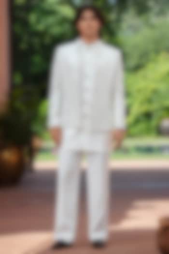 White Chikankari Wedding Indowestern Jacket Set by Bohame Men at Pernia's Pop Up Shop