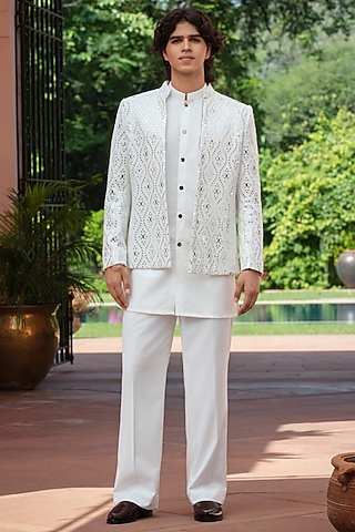 White Chikankari Indowestern Jacket Set by Bohame Men